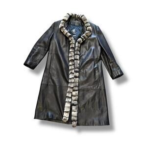 Tiboa Leathers Genuine Leather and Fur Trim Black Coat